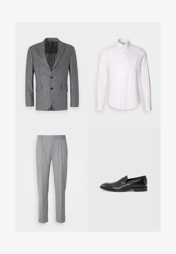 Blazer gris à rayures avec un seul bouton noir, deux poches avant et une doublure intérieure noire, présentant un col à cran et une coupe ajustée.; Chemise blanche à manches longues en tissu lisse avec un col boutonné, présentant un plastron entièrement boutonné et un ourlet arrondi.; Pantalons gris sur mesure avec une texture lisse, présentant un devant plat, des jambes droites et de légères pinces pour plus de détail.; Mocassin pour hommes en cuir noir avec talon bas, bout arrondi et petit logo métallique sur la bride, présenté en profil latéral sur un fond uni.