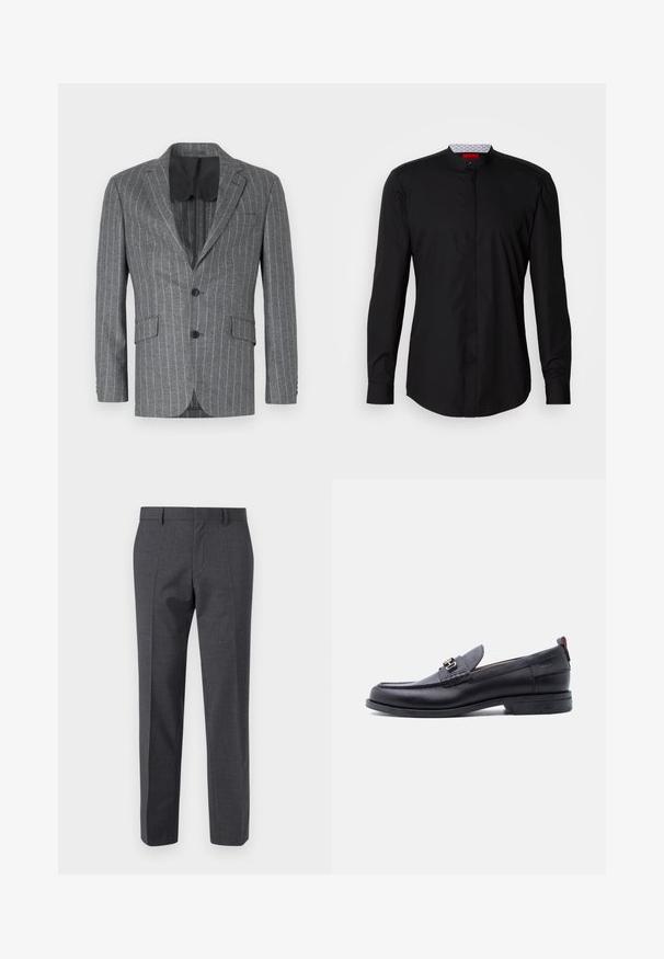 Blazer gris à rayures avec un seul bouton noir, deux poches avant et une doublure intérieure noire, présentant un col à cran et une coupe ajustée.; Chemise noire à manches longues avec col mandarin, confectionnée dans un tissu lisse, dotée d'une patte de boutonnage à l'avant et de détails de design subtils.; Pantalons tailleur gris avec une finition texturée, devant plat et design à jambe droite. Comprend des poches latérales et des passants de ceinture.; Mocassin en cuir noir avec empeigne texturée grise, détail boucle en métal argenté, petit talon et languette à l'arrière.