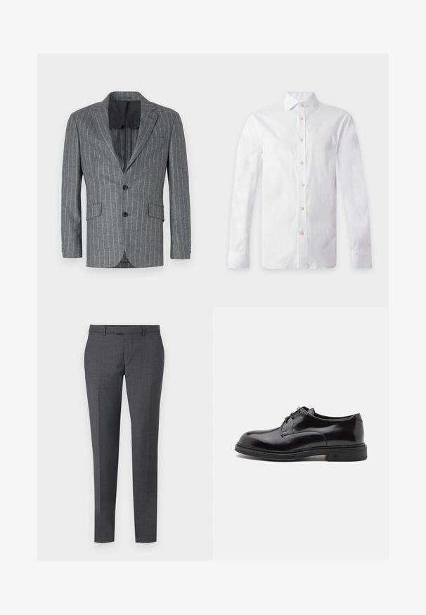 Blazer gris à rayures avec un seul bouton noir, deux poches avant et une doublure intérieure noire, présentant un col à cran et une coupe ajustée.; Chemise blanche à manches longues avec boutons beige, col pointu et poignets boutonnés, présentée à plat sur un fond clair.; Pantalons ajustés gris avec une texture lisse, coupe droite, devant plat et passants de ceinture. Présente un motif à carreaux subtil et un pli sur le devant.; Chaussure habillée en cuir noir avec une finition lisse, bout rond et lacets. Présente une épaisse semelle noire et un détail de couture subtil le long du bord.