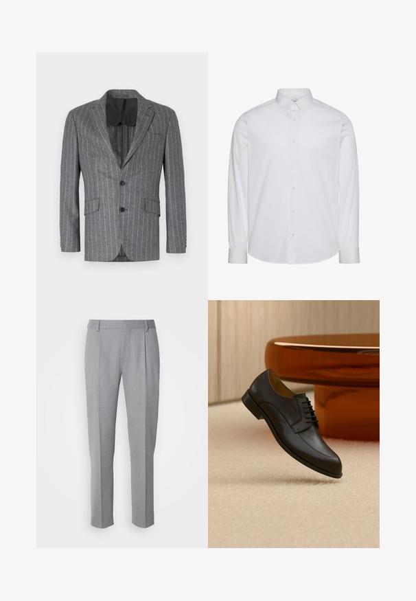Blazer gris à rayures avec un seul bouton noir, deux poches avant et une doublure intérieure noire, présentant un col à cran et une coupe ajustée.; Chemise blanche à manches longues en coton. Comprend un col classique, une patte de boutonnage à l'avant avec boutons, et un ourlet arrondi. Logo discret de la marque.; Pantalons gris sur mesure avec une texture lisse, présentant un devant plat, des jambes droites et de légères pinces pour plus de détail.; Chaussure habillée en cuir noir à lacets flottant au-dessus d'un tapis beige, avec une table ronde orange en arrière-plan.
