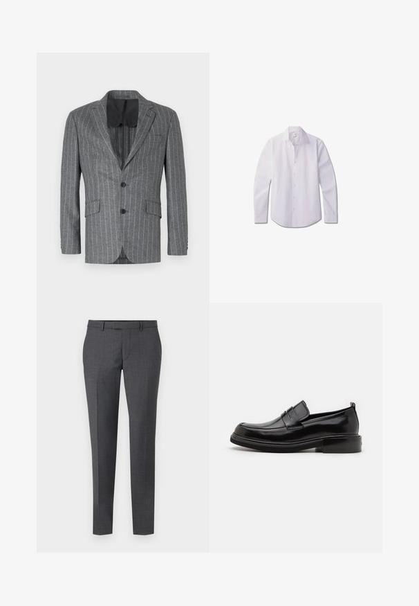 Blazer gris à rayures avec un seul bouton noir, deux poches avant et une doublure intérieure noire, présentant un col à cran et une coupe ajustée.; Jeune homme aux cheveux courts et bouclés portant une chemise blanche boutonnée et un pantalon noir, debout les mains derrière le dos.; Pantalons ajustés gris avec une texture lisse, coupe droite, devant plat et passants de ceinture. Présente un motif à carreaux subtil et un pli sur le devant.; Calvin Klein MOCCASIN - Mocassins de ville - black