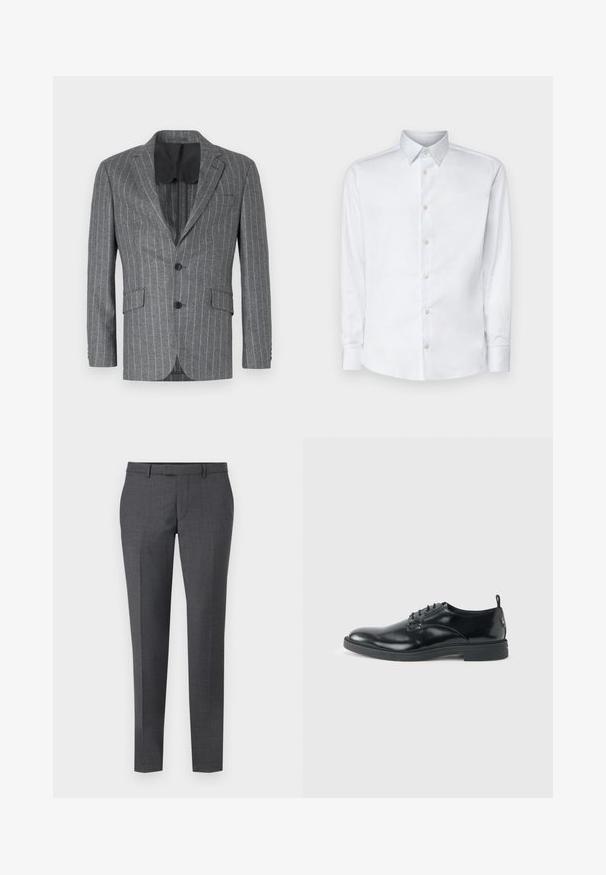 Blazer gris à rayures avec un seul bouton noir, deux poches avant et une doublure intérieure noire, présentant un col à cran et une coupe ajustée.; Chemise blanche à manches longues en tissu lisse, dotée d'un col classique, d'une patte de boutonnage et de poignets avec boutons, présentée sur un fond uni.; Pantalons ajustés gris avec une texture lisse, coupe droite, devant plat et passants de ceinture. Présente un motif à carreaux subtil et un pli sur le devant.; Chaussure habillée en cuir noir brillant avec un petit talon, fermeture à lacets et bout rond, vue de côté sur un fond uni et clair.