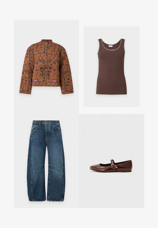 Veste marron matelassée avec des motifs floraux complexes en rose et bleu. Elle présente un col montant, une fermeture nouée à l'avant, et des manches longues.; Débardeur marron côtelé sans manches avec encolure dégagée et bordure claire sur les bords, présenté à plat sur fond blanc.; Jean en denim à jambes larges de couleur bleu foncé, avec une texture délavée, une fermeture à boutons et deux poches avant avec des surpiqûres décoratives.; Ballerine en cuir verni marron avec un bout carré et une lanière ornée d'une petite boucle dorée. Texture lisse, talon bas et design minimaliste.