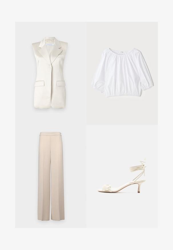 Mouwloze beige blazer met scherpe revers, zijzakken en een vloeiende satijnen afwerking. Heeft een op maat ontworpen uitstraling en minimale stiksels.; Witte, lichte blouse met een ronde halslijn, driekwart mouwen met pof en een elastische taille, met een gladde, glanzende textuur.; Beige wijde broek van een gladde stof, met een hoge taille en subtiele voorplooien. Geen zakken of zichtbare hardwaredetails.; Roomkleurige sandalen met lage hak, enkelriempjes en een brede gedraaide band over de tenen, op een effen witte achtergrond.