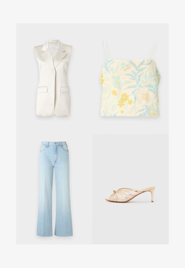 Ærmeløs beige blazer med skarpe slag, sidelommer og en glat satinfinish. Har skræddersyet design og minimale stikninger.; Broderet camisole i kremfarvet stof med blomsterdekorationer i blå, gule og grønne palietter og tynde spaghetti-stropper.; Lyseblå højtaljede vidde jeans med forreste knapper, lynlås og lommer, vist på en ensfarvet hvid baggrund.; Åben tå, metallisk gylden mule-sandal med en midt-høj, slank hæl og tynde, krydsede remme på en neutral baggrund.