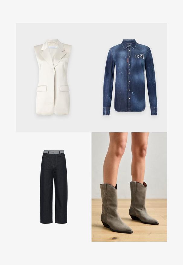 Blazer sans manches beige avec des revers nets, des poches latérales et une finition satinée lisse. Présente un design ajusté et des accents de couture minimaux.; Chemise en denim bleu foncé, présentant un design à boutons, avec un effilochage préservé, des accents usés et un texte blanc "ICON" sur la poitrine.; Jean denim bleu foncé à jambes larges avec une ceinture grise claire et des poches avant, présenté sur un fond blanc.; Pavement NIKKI - Bottes de cowboy / motard - khaki
