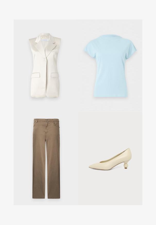 Blazer sans manches beige avec des revers nets, des poches latérales et une finition satinée lisse. Présente un design ajusté et des accents de couture minimaux.; T-shirt bleu clair à manches courtes et col rond, présenté à plat sans logos ni motifs visibles sur un fond blanc uni.; Pantalon marron à jambes droites avec bouton à l'avant, fermeture éclair, et poches avant et arrière, présenté sur un fond blanc.; Chaussure femme couleur crème à bout pointu avec un petit talon rond en forme de boule, sur fond uni.