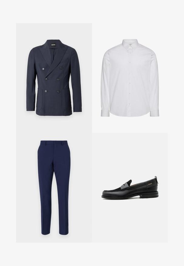 Blazer croisé bleu marine en tissu lisse. Comprend un col à revers cranté, deux poches avant et six boutons noirs pour la fermeture.; Chemise blanche à manches longues en coton. Comprend un col classique, une patte de boutonnage à l'avant avec boutons, et un ourlet arrondi. Logo discret de la marque.; Pantalons ajustés bleu marine en tissu lisse, dotés d'une coupe slim, d'un devant plat et d'une taille standard avec passants de ceinture.; Mocassin en cuir noir avec détail de bride grise, talon bas et semelle texturée, marqué "HUGO" en or sur le côté.