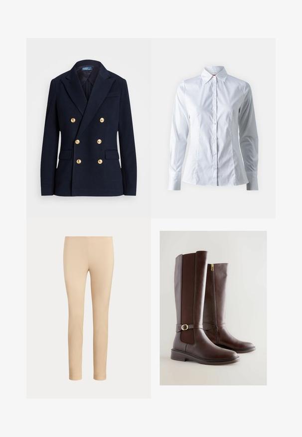 Blazer croisé bleu marine à six boutons dorés, revers crantés, poches à rabat et étiquette Polo by Ralph Lauren à l’intérieur du col.; Chemise blanche à manches longues, col pointu, design ajusté, en tissu de coton lisse et fermeture à boutons sur le devant.; Pantalon beige slim fit longueur cheville avec une finition lisse, sans poches visibles ni ornements, sur un fond uni.; Bottes en cuir marron hauteur genou avec un panneau texturé, fermeture éclair sur le côté et détail de boucle en ton doré. Design à bout rond et talon bas.