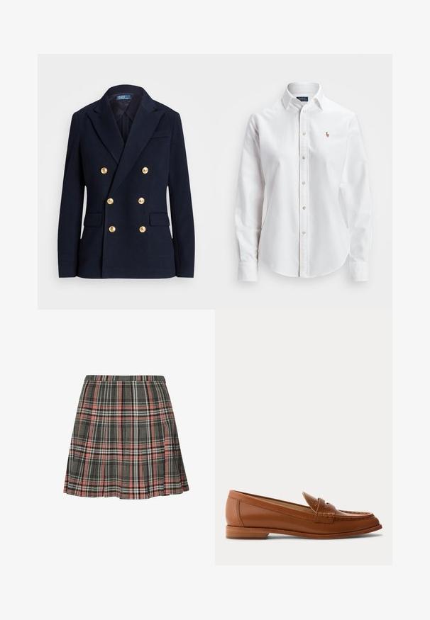 Marineblå dobbeltradet blazer med seks gyldne knapper, hakrevers, klaplommer og en Polo by Ralph Lauren label inde i kraven.; Hvid langærmet skjorte med knapper lavet af bomuld, der har en klassisk krave og et lille broderet logo på brystet.; Rutnederdel i grå og pink med plisseret design og sorte og hvide accenter. Fremstillet af vævet stof, midt på låret længde.; Brun læderloafer med lavt træsål, klassisk penny-rem og syet detalje langs tå og sider.