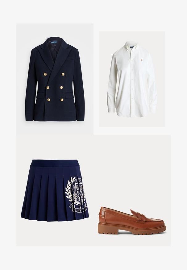 Tmavomodré dvojradové sako so šiestimi zlatými gombíkmi, zárezovými klopami, klopovými vreckami a štítkom Polo by Ralph Lauren vo vnútri goliera.; Biela košeľa s dlhým rukávom na gombíky s golierom na gombíky a malým vyšívaným logom hráča póla na ľavej strane hrudníka.; Tmavomodrá plisovaná sukňa so širokým pásom a bielym tenisovým erbom na spodnej pravej strane.; Hnedý kožený mokasín s hrubou gumovou podrážkou a nízkym podpätkom, s prešitým remienkom na vrchu.