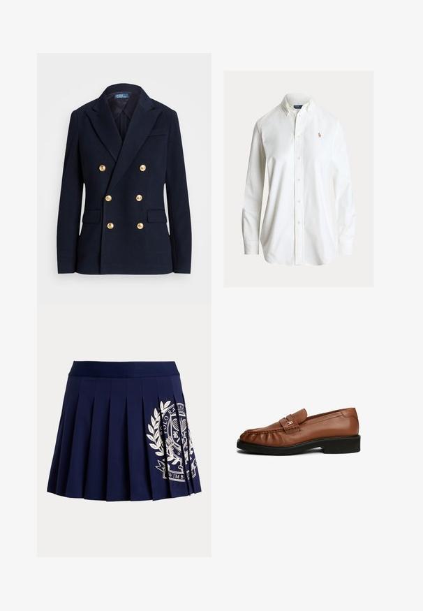 Marineblauw dubbelbreasted colbert met zes gouden knopen, inkeping revers, klepzakken en een Polo by Ralph Lauren label in de kraag.; Wit overhemd met lange mouwen, knoopsluiting, button-down kraag en klein geborduurd polo spelerlogo op de linkerborst.; Marineblauwe geplooide rok met brede tailleband en wit tennis-thema wapenlogo aan de rechteronderkant.; Bruine leren loafers met een gladde textuur, ronde neus, voorzijde met banddetail en lage zwarte rubberen hak.