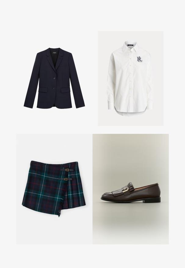 Marineblå skræddersyet blazer med to knapper, klapkrave og tre lommer. Fremstillet af et glat stof med en struktureret pasform og minimale detaljer.; Hvid langærmet skjorte med knapper og spidser krave samt sort broderet logo på venstre bryst.; Polo Ralph Lauren MINI - Mini skirts - tartan; Mørkebrune læderloafer med frynsedetalje og guldbeslag på en neutral baggrund, sidevisning.