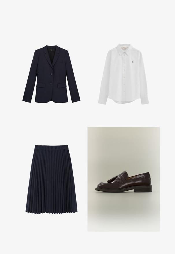 Marineblå skræddersyet blazer med to knapper, klapkrave og tre lommer. Fremstillet af et glat stof med en struktureret pasform og minimale detaljer.; Hvid langærmet skjorte med knapper, krave og lille sort broderet polo-spillerlogo på venstre bryst.; Mørkeblå plisseret nederdel lavet af et blødt stof. Har en bred elastisk talje og falder lige over knæet med en glat overflade.; Mørkebrun læderloafer med frynser, lav hæl og synet sål, vist fra siden på en neutral baggrund.