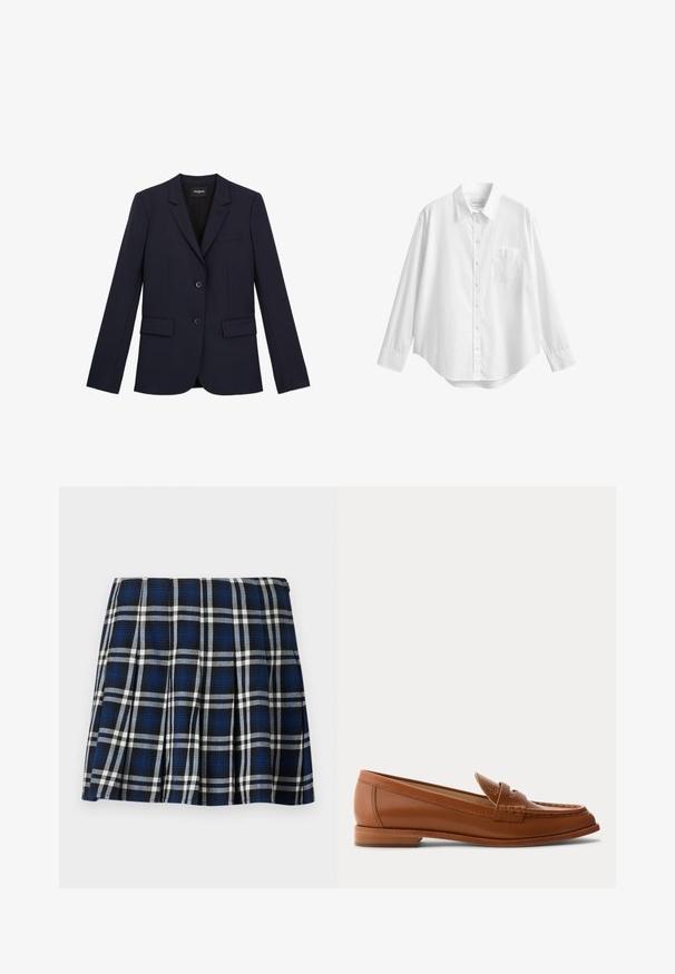 Marineblauwe op maat gemaakte blazer met twee knopen, notch revers en drie zakken. Gemaakt van een gladde stof met een gestructureerde pasvorm en minimale details.; Wit overhemd met lange mouwen, knopen, kraag en voorzak op de borst, weergegeven tegen een effen witte achtergrond.; Geruite mini-jurk in marineblauw, zwart en wit. Beschikt over plooien en een gladde textuur. Ritsluiting aan de zijkant.; Bruine leren loafer met lage houten hak, klassieke pennyriem en gestikte details langs de neus en zijkanten.