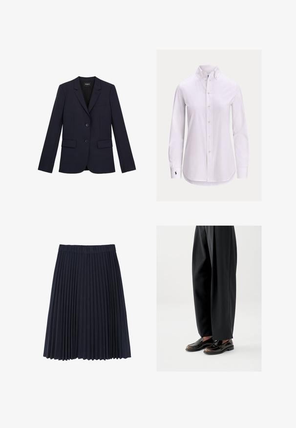 Marineblå skræddersyet blazer med to knapper, klapkrave og tre lommer. Fremstillet af et glat stof med en struktureret pasform og minimale detaljer.; Hvid langærmet skjorte med knapper foran, knappet krave og lille broderet logo på venstre manchet.; Mørkeblå plisseret nederdel lavet af et blødt stof. Har en bred elastisk talje og falder lige over knæet med en glat overflade.; Sorte loafers med en blank læderfinish, der har en dekorativ rem over toppen, kombineret med løstsiddende sorte bukser.
