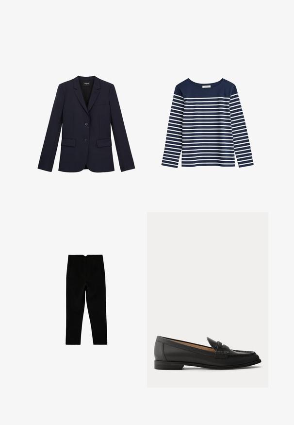 Marineblauwe op maat gemaakte blazer met twee knopen, notch revers en drie zakken. Gemaakt van een gladde stof met een gestructureerde pasvorm en minimale details.; Marineblauw longsleeve shirt met witte horizontale strepen. Ronde halslijn, zachte stof, losse pasvorm en geen zichtbare hardware of versieringen.; Zwarte op maat gemaakte broek tot aan de enkel met zijzakken en een licht taps toelopende pijp, plat liggend op een witte achtergrond.; Zwarte leren damesslof met lage hak, afgeronde neus en gestikte details op het bovenwerk, van opzij getoond tegen een effen achtergrond.