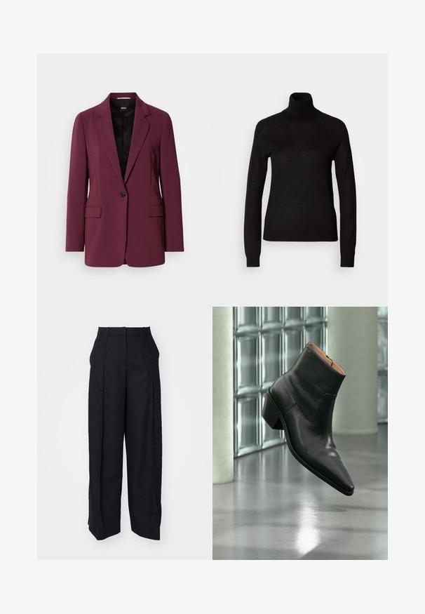 Burgunderfarbener Blazer aus glattem Stoff, mit einem einzelnen Knopfverschluss, Reverskragen und zwei Vorderentaschen. Futter sichtbar.; Schwarzer Rollkragenpullover aus leichtem Strickmaterial. Mit langen Ärmeln und einer figurbetonten Silhouette mit Raglanärmeln.; Schwarze Hosen mit einem strukturierten Muster. Mit gefalteter Vorderseite, seitlichen Taschen und geradem Beindesign. Das Material wirkt glatt.; Schwarzer Leder-Stiefelette mit spitzer Schuhspitze und Blockabsatz, der über einem reflektierenden grauen Boden nahe einer Glassteinwand schwebt.
