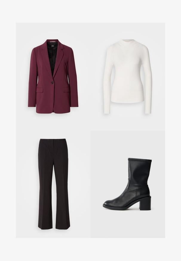 Bordeaux blazer gemaakt van soepel materiaal, met een enkele knoopsluiting, gegoten revers en twee voorzakken. Voering zichtbaar.; Witte lange mouwen top met een hoge halslijn, geribbelde textuur en een aansluitend ontwerp. Heeft een naadloze uitstraling en een subtiele V-vorm aan de voorkant.; Zwarte gestreepte wijde broek met een gladde stof, voorzien van een middelhoge tailleband en een strakke voorkant. Geen zichtbare zakken.; Zwarte leren enkellaars met een ronde neus, een gladde textuur en een chunky hak, met een strak schacht en subtiele stiksels.