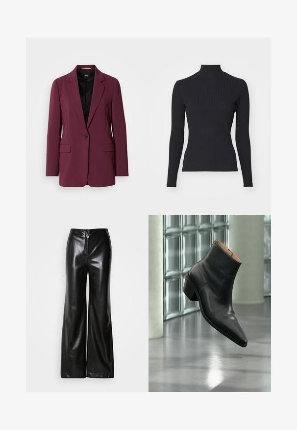 Burgunderrød blazer lavet af glat stof, med enkelt knaplukning, notch-lapper og to forlommer. Foret indre synligt.; Sort ribbet turtle-sweater med lange ærmer. Lavet af strækbart stof med en tætsiddende pasform og høj krave. Enkel design uden udsmykninger.; Sorte læder bukser med bred ben, glat tekstur, høj talje og skjult lynlås foran. Skræddersyet pasform med en ren finish.; Sort læderankelstøvle med spids tå og blokhæl, der svæver over en reflekterende grå gulv nær en væg af glasblokke.