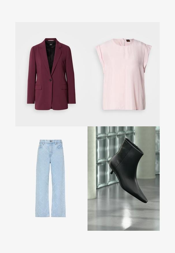 Bordeaux blazer gemaakt van soepel materiaal, met een enkele knoopsluiting, gegoten revers en twee voorzakken. Voering zichtbaar.; Roze, korte mouw top met een ronde hals en een subtiele glans. Heeft een ritssluiting aan de achterkant en een casual pasvorm. Zachte textuur.; Lichtblauwe spijkerbroeken met een hoge taille en wijde pijpen, voorzien van een subtiel diamantvormig doorgestikt patroon over de gehele stof.; Zwarte leren enkellaars met spits toelopende neus en lage kittenhak, schuin weergegeven tegen een gepolijste vloer en een glazen blokken muur als achtergrond.