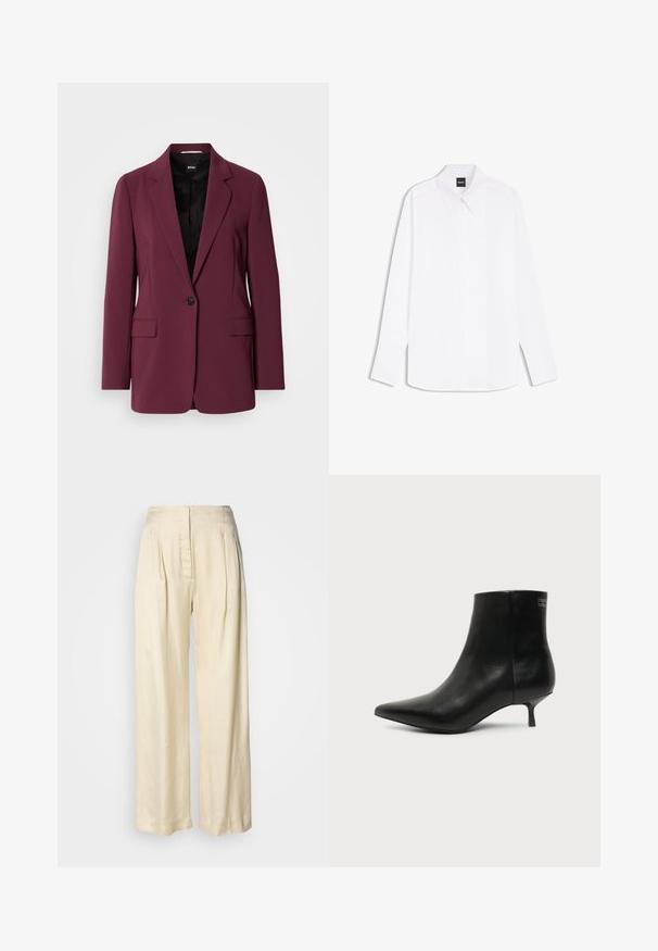 Bordeaux blazer gemaakt van soepel materiaal, met een enkele knoopsluiting, gegoten revers en twee voorzakken. Voering zichtbaar.; Wit overhemd met lange mouwen, puntkraag en verborgen knopenlijst, met het label "BOSS" bij de halslijn.; Crèmekleurige zijden broek met hoge taille, plooien, brede pijpen en een verborgen rits aan de voorkant, afgebeeld tegen een effen witte achtergrond.; Zwart leren enkellaars met puntige neus en lage kittenhak op lichte achtergrond, zijaanzicht buitenkant.