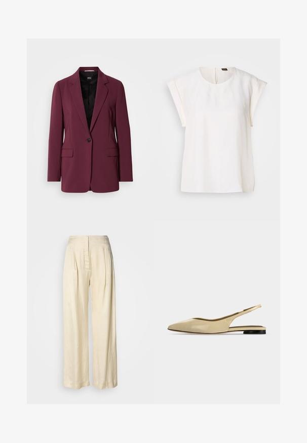 Bordeaux blazer gemaakt van soepel materiaal, met een enkele knoopsluiting, gegoten revers en twee voorzakken. Voering zichtbaar.; Witte blouse met korte mouwen, ronde halslijn en losse pasvorm, met een klein zwart-oranje label aan de achterkant van de kraag.; Crèmekleurige zijden broek met hoge taille, plooien, brede pijpen en een verborgen rits aan de voorkant, afgebeeld tegen een effen witte achtergrond.; Beige platte slingback schoen met puntige neus, lage zwarte hak en een glad leren afwerking, zijaanzicht op een effen achtergrond.