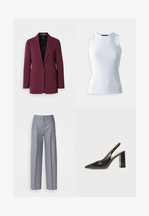 Burgunderfarbener Blazer aus glattem Stoff, mit einem einzelnen Knopfverschluss, Reverskragen und zwei Vorderentaschen. Futter sichtbar.; Weißes ärmelloses Oberteil aus geripptem Stoff, mit rundem Halsausschnitt und figurbetonter Silhouette. Glatte Textur, keine sichtbaren Muster oder Akzente.; Helle graue weit geschnittene Hosen aus strukturiertem Stoff, mit Falten vorne und einem taillierten Bund. Minimalistisches Design, keine sichtbaren Beschläge.; Schwarzer Leder-Slingback-Schuh mit spitzer Kappe, hohem Blockabsatz und beigegefüttertem Innenraum vor hellem, einfarbigem Hintergrund.