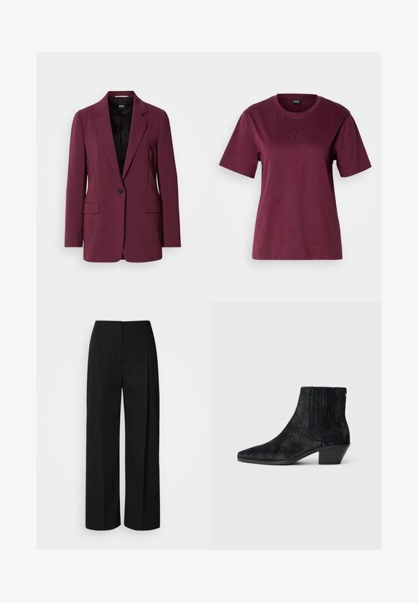 Burgunderfarbener Blazer aus glattem Stoff, mit einem einzelnen Knopfverschluss, Reverskragen und zwei Vorderentaschen. Futter sichtbar.; Burgunderrotes T-Shirt mit kurzen Ärmeln, aus weicher Baumwolle, mit einem runden Ausschnitt und einem gestickten Logodetail auf der Brust.; Schwarze, hoch taillierte, weit geschnittene Hosen mit einer verdeckten Vorderseite, maßgeschneiderten Nähten und einem glatten, strukturierten Stoff.; Schwarze Knöchelstiefel mit spitzem Zehen, strukturiertem haarähnlichem Material, geripptem Seitenpaneel und niedrigem Blockabsatz. Schlichtes und modernes Design.