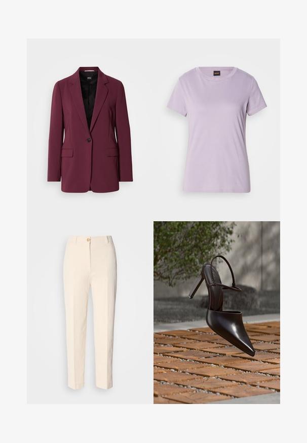 Bordeaux blazer gemaakt van soepel materiaal, met een enkele knoopsluiting, gegoten revers en twee voorzakken. Voering zichtbaar.; Lichtpaarse katoenen T-shirt met ronde hals, korte mouwen en een subtiele scripted logo versierd met rhinestones op de borst.; Crèmekleurige, hooggerocalde broeken van een gestructureerde stof. Voorzien van een sluiting met knoop aan de voorkant en taps toelopende pijpen.; Glanzende zwarte hoge hak mule met spitse neus en enkelriem, zwevend boven een oppervlak met terracottategels en grindvoegen.
