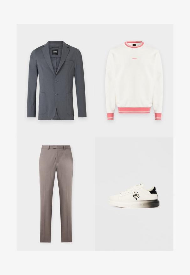 Blazer gris en tissu lisse, avec un col à revers, deux poches avant, une poche poitrine et deux boutons. Design simple et épuré.; Sweatshirt blanc à manches longues avec col, poignets et ourlet côtelés roses, arborant un petit logo "BOSS" rose centré sur la poitrine.; Pantalon beige pour homme, coupe droite, pli devant, passants de ceinture et fermeture avant dissimulée sur un fond uni.; Baskets blanches avec une tige en cuir lisse, accents noirs au niveau du talon et un logo de dessin animé. Elles présentent une semelle épaisse et légèrement transparente.