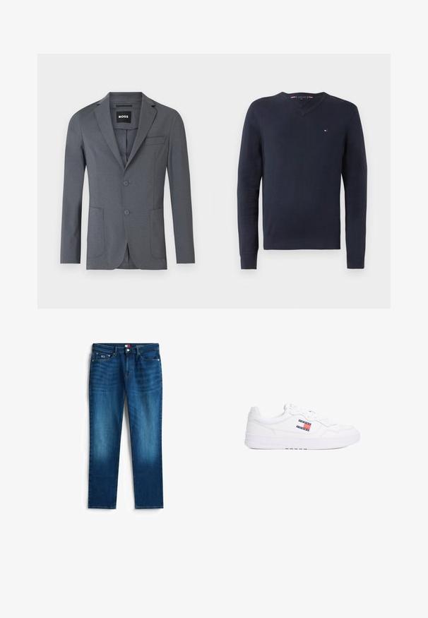 Grå blazer lavet af glat stof, med sømflipper, to forlommer, en brystlomme og to knapper. Enkel, ren design.; Marineblå V-hals sweater lavet af blødt materiale med lange ærmer. Har et lille logo på brystet samt ribbede manchetter og nederkant.; Slim-fit blå denim jeans med en falmet vask, fem lommer, knaplukning og logo-patch på taljen.; Hvide sneakers med glat læderoverdel, snørelukning, polstret krave og gummisål. Har et rødt og blåt "TOMMY JEANS" logo på siden.