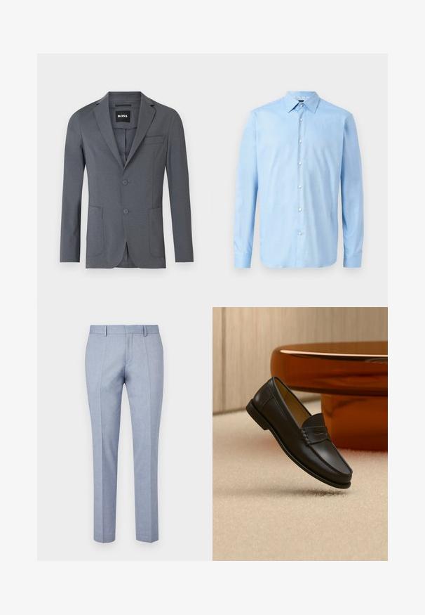 Blazer gris de tejido suave, con solapa de muesca, dos bolsillos frontales, un bolsillo en el pecho y dos botones. Diseño simple y limpio.; Camisa azul claro de manga larga con botones, fabricada en un tejido suave. Presenta un cuello clásico y una tapeta delantera con botones blancos.; Pantalones ajustados de color azul claro con una textura de tela suave, con un frentel plano, dos bolsillos frontales y un diseño de corte slim.; Zapato mocasín de cuero negro suspendido sobre una alfombra beige con muebles modernos de color ámbar en el fondo.