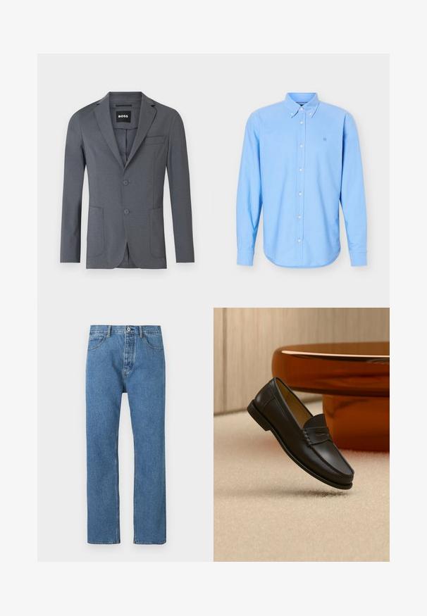 Blazer gris de tejido suave, con solapa de muesca, dos bolsillos frontales, un bolsillo en el pecho y dos botones. Diseño simple y limpio.; Camisa azul claro de manga larga con botones y cuello abotonado, con un pequeño logo bordado en el pecho izquierdo.; Pantalones vaqueros de mezclilla azul claro con corte recto, cinco bolsillos, cierre de botón y detalles de costuras sutiles a lo largo de las costuras.; Zapato mocasín de cuero negro suspendido sobre una alfombra beige con muebles modernos de color ámbar en el fondo.
