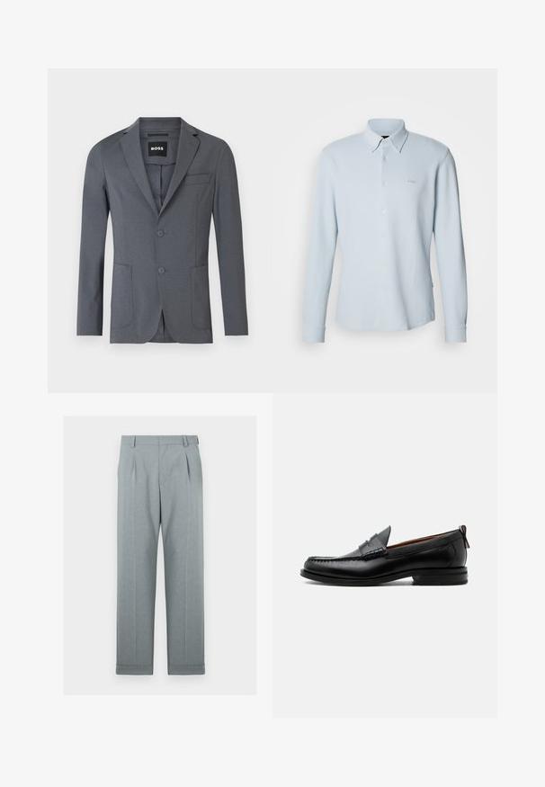 Blazer gris de tejido suave, con solapa de muesca, dos bolsillos frontales, un bolsillo en el pecho y dos botones. Diseño simple y limpio.; Camisa azul claro de manga larga con botones. Hecha de tela texturizada con un cuello clásico, presenta un logo sutil en el pecho y puños con botones.; Pantalones de color gris claro hechos de una tela texturizada con diseño de pierna recta, pliegues simples y dobladillos acampanados. Apariencia minimalista y ajustada.; Mocasín de hombre de piel negra con costura moc toe, tira penny, cuello texturizado y tacón bajo apilado sobre fondo blanco.