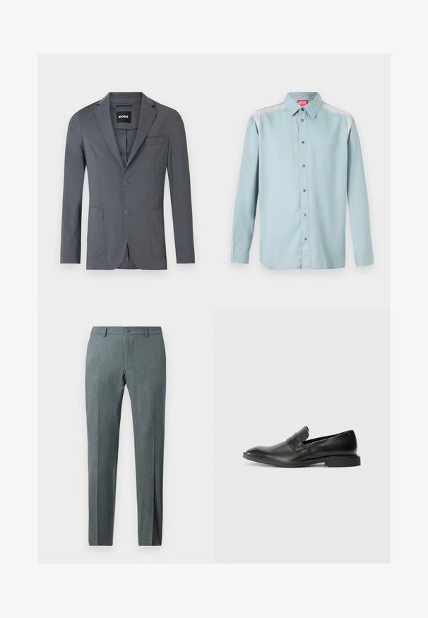 Grå blazer lavet af glat stof, med sømflipper, to forlommer, en brystlomme og to knapper. Enkel, ren design.; Lyseblå, skjortebluse med standard krave, der har et rødt logo mærke, metalknapper og en glat stofstruktur.; Slim-fit bukser i struktureret grå stof med flad front, knaplukning og bæltesløjfer. Har en skræddersyet design og lige ben.; Sorte læder loafers med en glat tekstur, spids tå og lav rektangulær hæl. Har vandret remdetalje på overdelen.