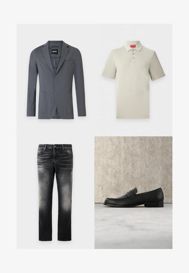 Blazer gris en tissu lisse, avec un col à revers, deux poches avant, une poche poitrine et deux boutons. Design simple et épuré.; Polo beige à manches courtes avec trois boutons et un col rabattable, doté d'une étiquette rouge HUGO à l'intérieur du col.; Jean noir avec une finition délavée et des accents usés, design standard à cinq poches, et fermeture éclair. Fabriqué en tissu denim.; Mocassin en cuir noir flottant au-dessus d'un tapis beige avec une table ronde brune brillante en arrière-plan.
