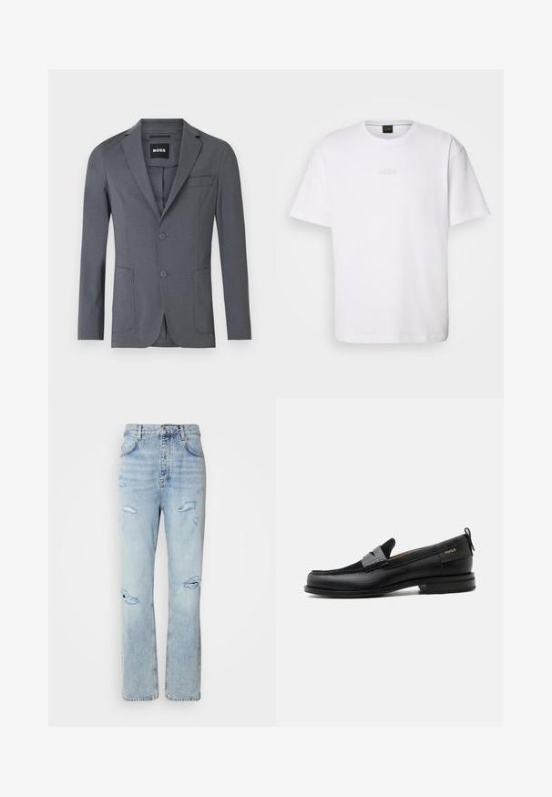 Blazer gris en tissu lisse, avec un col à revers, deux poches avant, une poche poitrine et deux boutons. Design simple et épuré.; T-shirt en coton blanc à manches courtes, col rond, avec un logo « BOSS » en relief sur la poitrine. Texture lisse, coupe standard.; Jean en denim délavé avec une coupe décontractée, présentant des zones déchirées et des bords effilochés. Le tissu a une texture douce et lisse.; Mocassin en cuir noir avec détail de bride grise, talon bas et semelle texturée, marqué "HUGO" en or sur le côté.