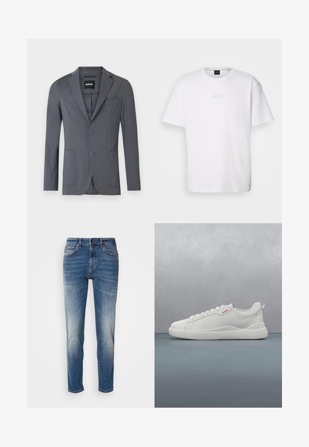 Blazer gris de tejido suave, con solapa de muesca, dos bolsillos frontales, un bolsillo en el pecho y dos botones. Diseño simple y limpio.; Camiseta de algodón blanca de manga corta, con escote redondo y logotipo grabado de "BOSS" en el pecho. Textura suave, ajuste estándar.; Jeans de mezclilla azul con un diseño de pierna recta, ligero desgastado, estilo clásico de cinco bolsillos y cierre de cremallera con botón.; Zapatilla blanca con un acabado de cuero liso, punta redonda, cuatro ojales, perforaciones sutiles y un detalle de logo rojo en el lateral.