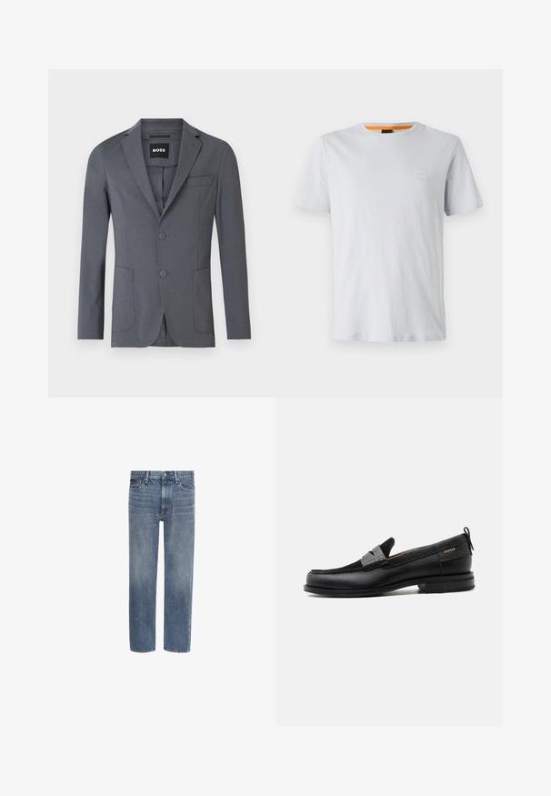 Blazer gris de tejido suave, con solapa de muesca, dos bolsillos frontales, un bolsillo en el pecho y dos botones. Diseño simple y limpio.; Camiseta de manga corta gris claro hecha de algodón, con un pequeño parche de logo en el pecho y un acento naranja en contraste en el cuello.; Vaqueros de denim azul con pierna recta, bolsillos delanteros, trabillas para cinturón y cierre de botón.; Mocasín de cuero negro con detalle de tira gris, tacón bajo y suela texturizada, con la marca "HUGO" en oro en el lateral.