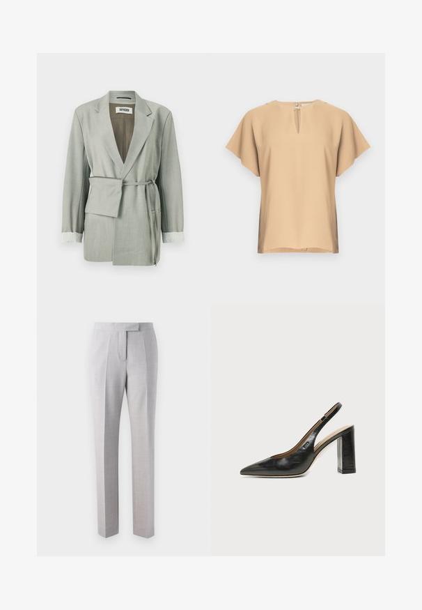 Lys grå blazer med en afslappet pasform, der har en bæltestrop i taljen, sjalskrave og stripede manchetter. Glat stof med skræddersyede kanter.; Beige bluse med nøglehul-halsudskæring og korte, brede ærmer. Glat stof med afslappet pasform og lige kant. Minimalistisk design.; Lys grå skræddersyede bukser lavet af fint tekstureret stof med flad front, folder og lige ben. Sidder højt på taljen.; Sort læder peep-toe slingback sko med høj blokhæl og beige indvendig foring mod en ensfarvet lys baggrund.
