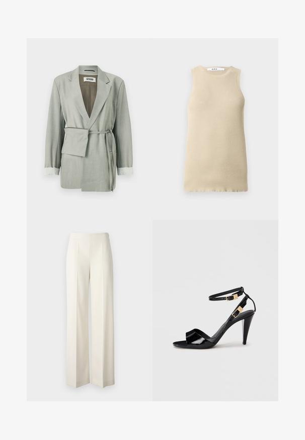 Lys grå blazer med en afslappet pasform, der har en bæltestrop i taljen, sjalskrave og stripede manchetter. Glat stof med skræddersyede kanter.; Beige ribbet ærmeløs top med rund halsudskæring, der har en tætsiddende pasform og glat tekstur, ideel til lag-på-lag eller varmt vejr.; Hvide brede bukser lavet af et glat stof med frontfolder. Designet med en høj talje og en ren finish.; Sorte patentlæder højhælede sandaler med dobbelte ankelremme og guldspænder, åben tå og slank taperet hæl på neutral baggrund.