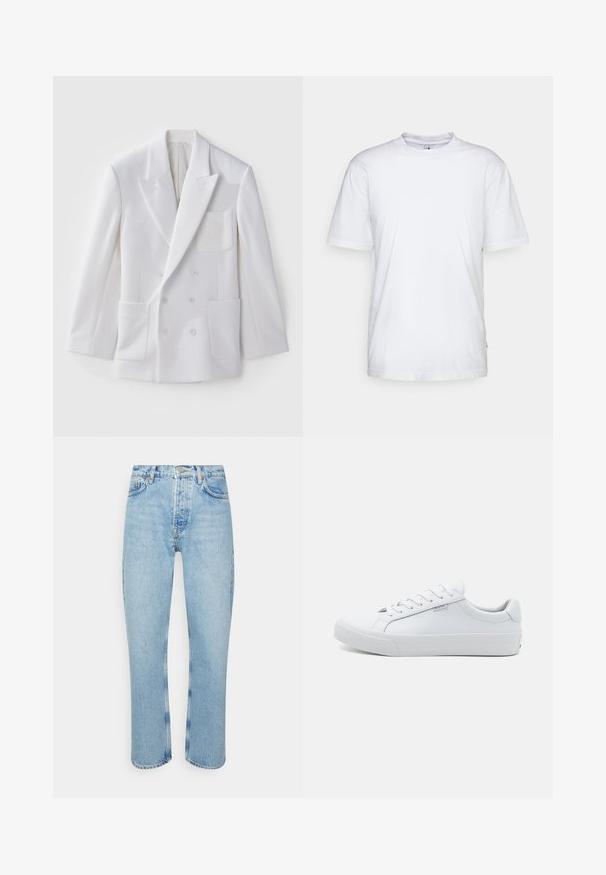 Blazer blanc à double boutonnage avec deux poches avant, revers crantés et un écusson brodé sur la poitrine. Texture lisse, coupe ajustée.; T-shirt en coton blanc avec un col rond, des manches courtes et un ourlet droit. Présente une petite étiquette de marque sur la couture latérale gauche.; Jean en denim bleu clair avec une coupe droite, taille haute, design à cinq poches et détails de couture visibles sur les coutures et les ourlets.; Baskets blanches en cuir avec une finition lisse, design bas, bout rond et semelle plate en caoutchouc. Dotées de lacets plats et d'une signalétique minimale.