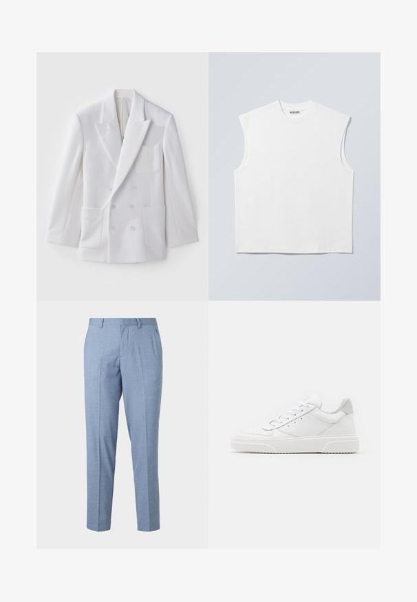 Blazer blanc à double boutonnage avec deux poches avant, revers crantés et un écusson brodé sur la poitrine. Texture lisse, coupe ajustée.; Haut blanc sans manches en coton à col rond avec épaules structurées, marqué "WEEKDAY" sur l'étiquette du col, présenté sur un fond gris clair.; Pantalons sur mesure bleu clair avec une finition texturée, un design ajusté et une coupe droite. Comprend des poches avant et des passants de ceinture.; Des baskets en cuir blanc avec une finition lisse, un bout rond, des lacets plats et une semelle texturée. Accents en daim gris au niveau du talon.