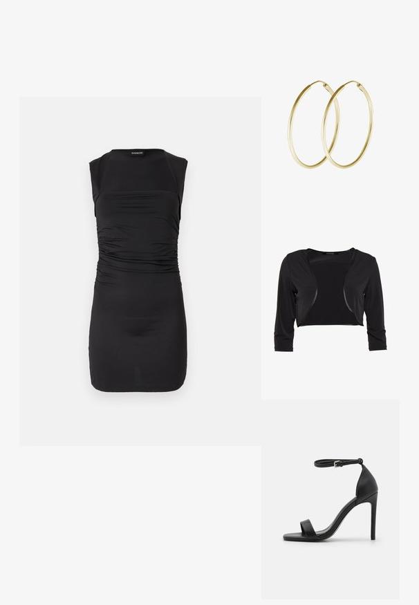 Swing BOLERO - Blazer - schwarz; Ærmeløs sort minikjole med en taljefremhævende detalje og en firkantet udskæring.; Sort højhælet sandal med et sleek design, der har en ankelrem, åben tå og glat lædertekstur.; Guld hoops øreringe med et glat, rundt design og en blank finish. Letvægts konstruktion med en sikker låsemekanisme.