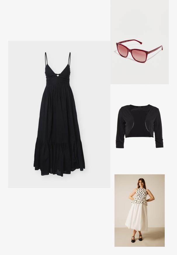 Swing BOLERO - Blazer - schwarz; Sort maxi-kjole uden ærmer med tynde stropper, V-udskæring, rynket krop og samlet lagdelt nederdel på hvid baggrund.; Kvinde stående med hænderne på hofterne iført hvid ærmeløs top med sorte prikker, hvid midi-nederdel og sorte Mary Jane sko.; Røde firkantede solbriller med tynde stel, gyldent Emporio Armani-logo på stængerne, vist på en hvid baggrund.