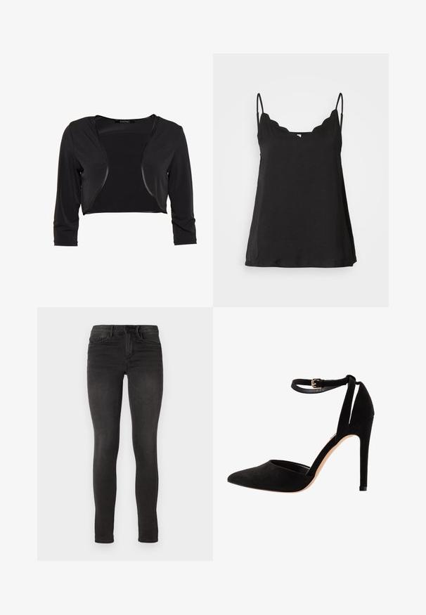 Swing BOLERO - Blazer - schwarz; Zwarte scalloped cami-top met dunne straps, zachte textuur en een losse pasvorm. Heeft een licht gebogen decollete en een eenvoudig ontwerp.; ONLY ONLROYAL - Jeans Skinny Fit - black denim; Zwarte suède hoge hakken met een puntige neus, enkelbandje en een stilettohak. Het ontwerp heeft een gladde textuur met minimale details.
