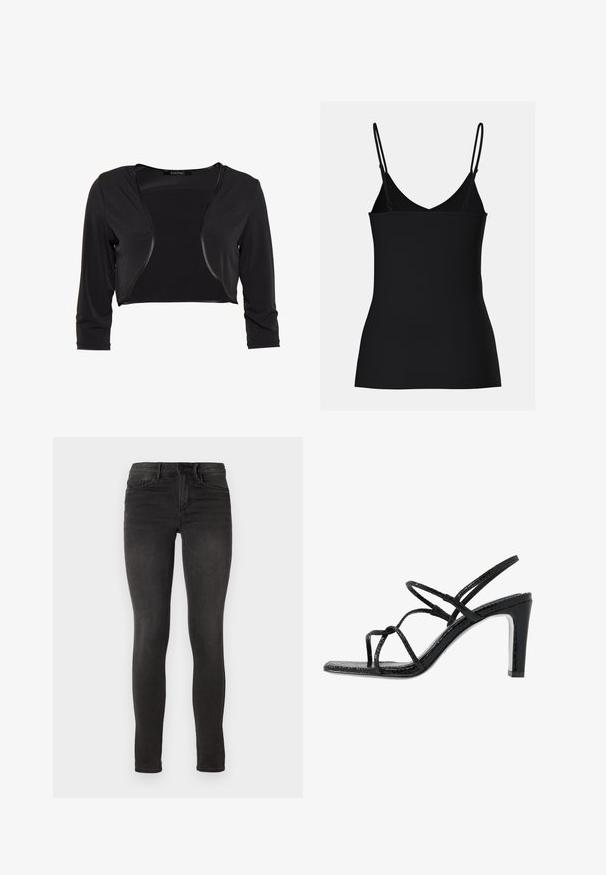 Swing BOLERO - Blazer - schwarz; Sort cami-top med tynde justerbare stropper, V-hals design, tætsiddende form og sømløs tekstur. Enkel og minimalistisk stil.; ONLY ONLROYAL - Jeans Skinny Fit - black denim; Sorte hælede sandaler med tynde stropper, en tekstureret overflade, åben tå og et slankt, spidst hældesign. Har en glat indersål og en skinnende overflade.