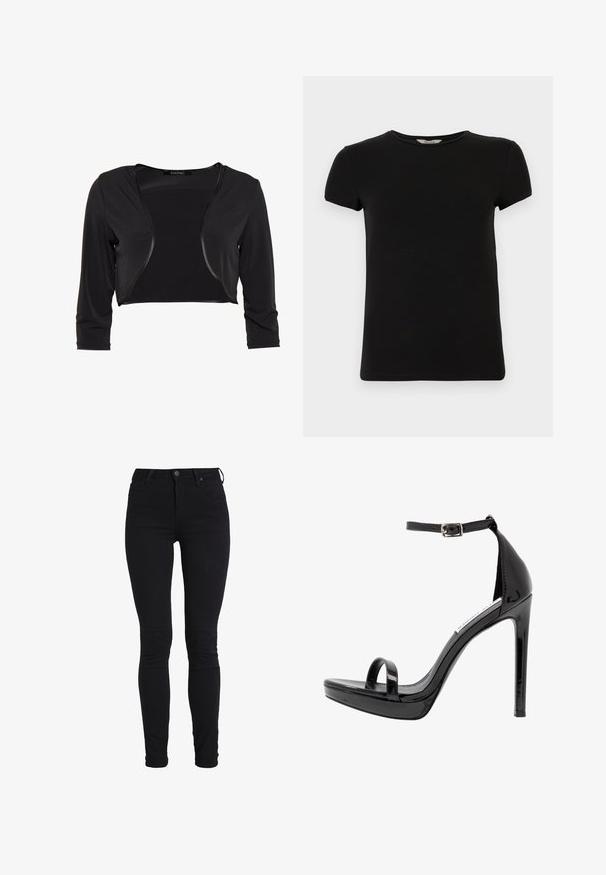 Swing BOLERO - Blazer - schwarz; Zwart t-shirt met korte mouwen en ronde hals, gemaakt van soepel katoen, met een eenvoudig ontwerp en zonder zichtbare patronen of accenten.; Zwarte skinny jeans met een hoge taille, gemaakt van rekbare denim. Beschikt over een knoopsluiting aan de voorkant en een klassieke vijf-pocketstijl.; Steve Madden MILANO - Sandalen met hoge hak - black