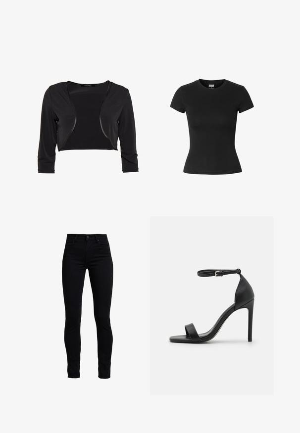 Swing BOLERO - Blazer - schwarz; Sort tætsiddende dame T-shirt med korte ærmer, rund halsudskæring og Urban Classics mærke i kraven.; Sorte skinny jeans lavet af en bomuldsblanding, med høj talje, traditionelt fem lomme-design og en frontlukning med knap.; Sort højhælet sandal med et sleek design, der har en ankelrem, åben tå og glat lædertekstur.